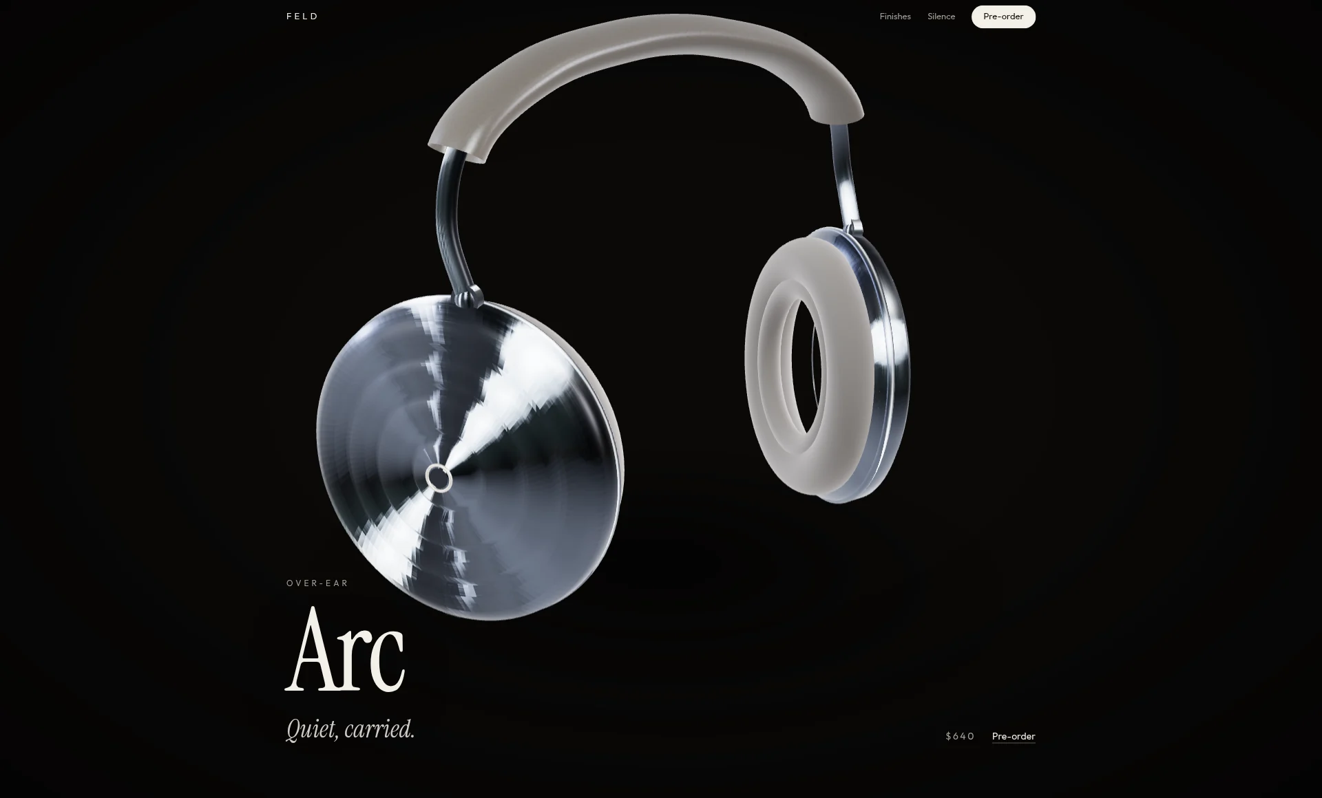 Feld Arc over-ear headphones on a black page, with the headline Arc and the line Quiet, carried.