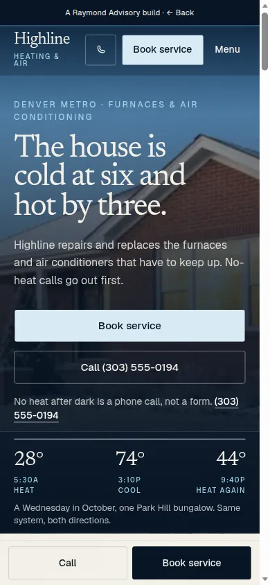 Sample booking site for an HVAC company, shown on a phone