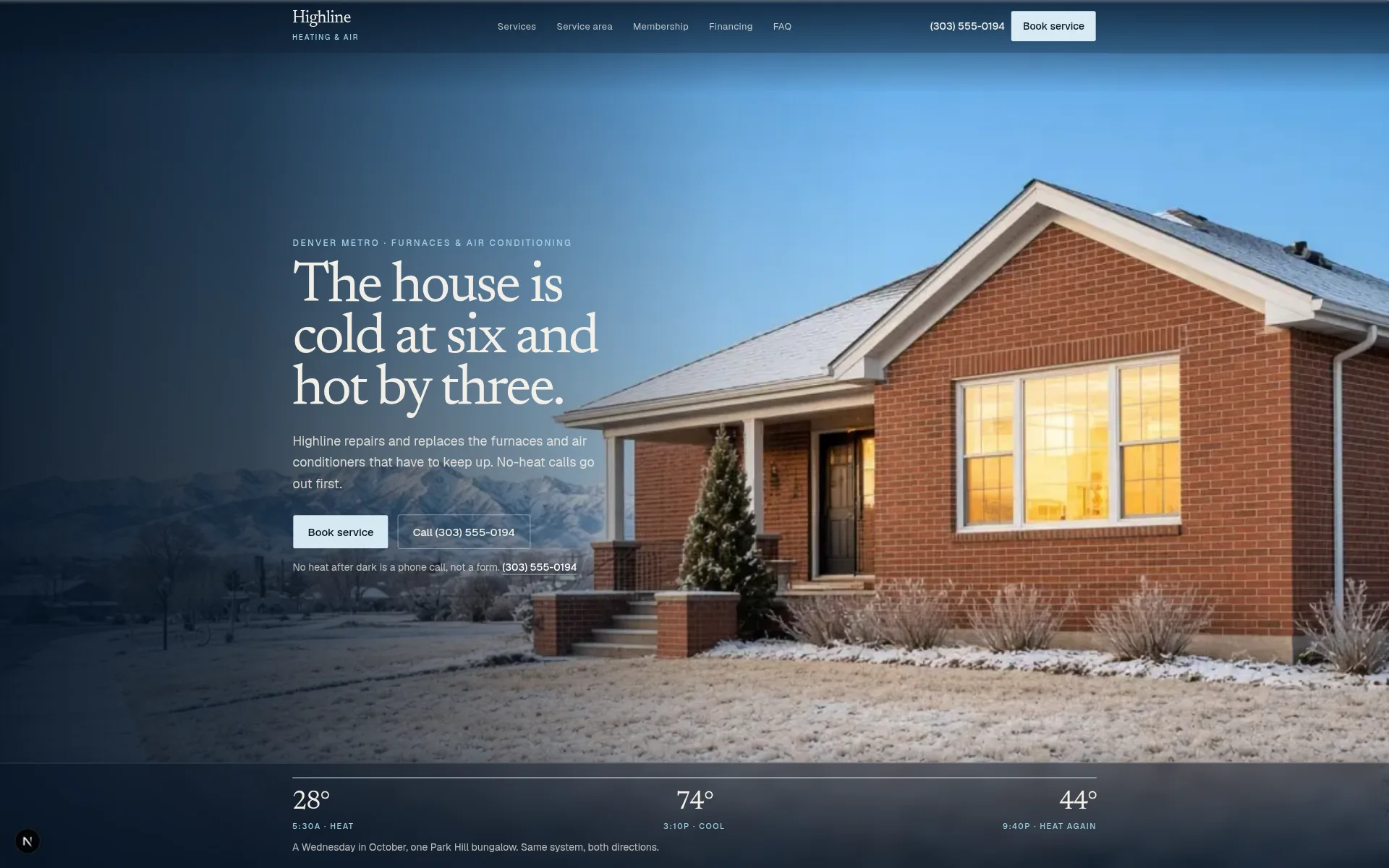 Highline Heating & Air homepage with a brick house in snow and a booking headline.